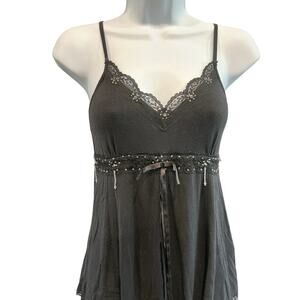 Vintage Womens Y2K Fairy Babydoll Tank Top M Black Embellished Lace Trim Gothic